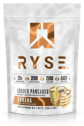 RYSE Loaded Protein Pancakes mix, high protein, banana flavor, no artificial sweeteners, easy preparation.